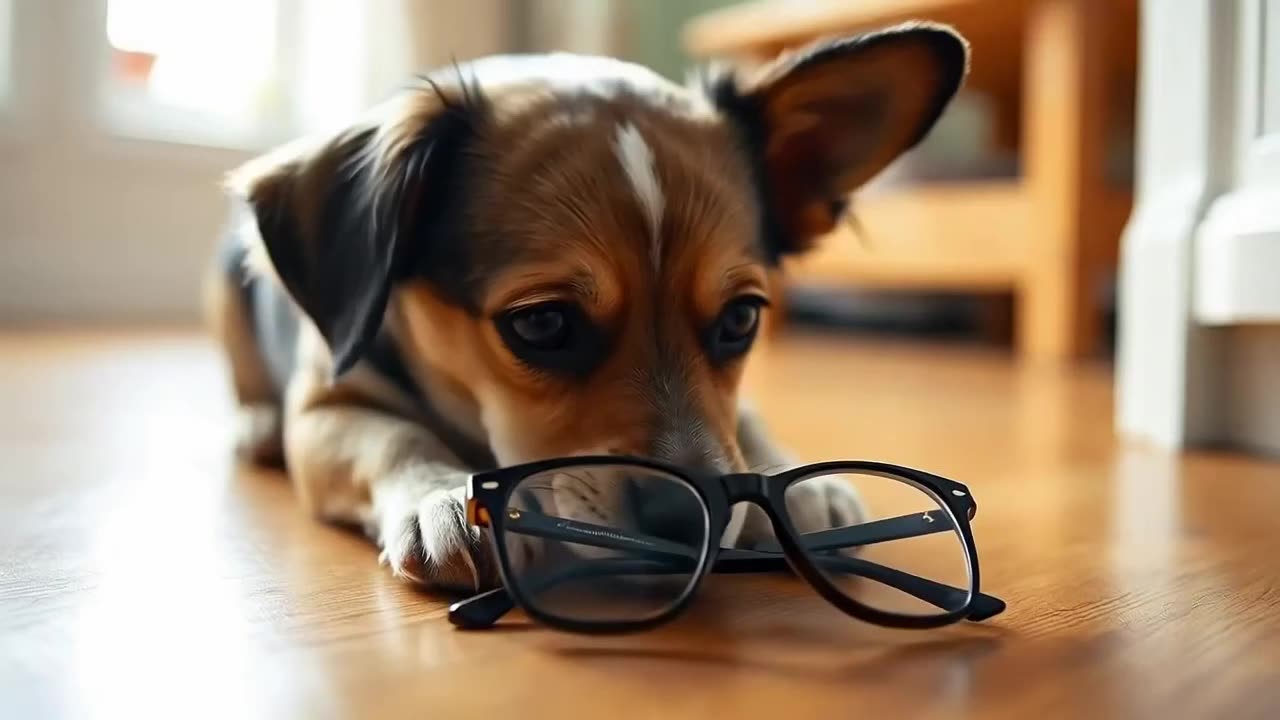 Um cachorro mordendo uma armação de óculos no chão