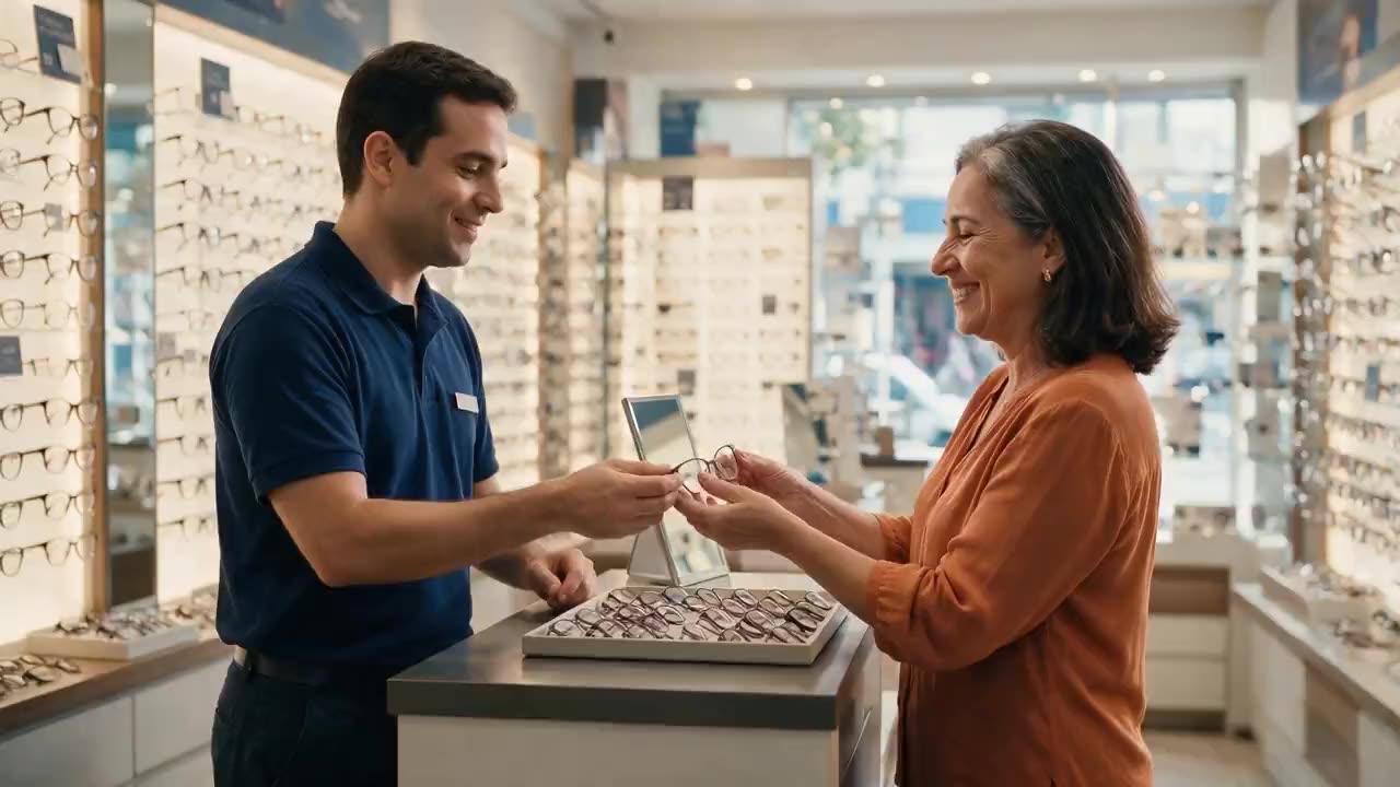 Atendente de uniforme azul-marinho entregando o óculos novo a uma cliente no balcão da loja