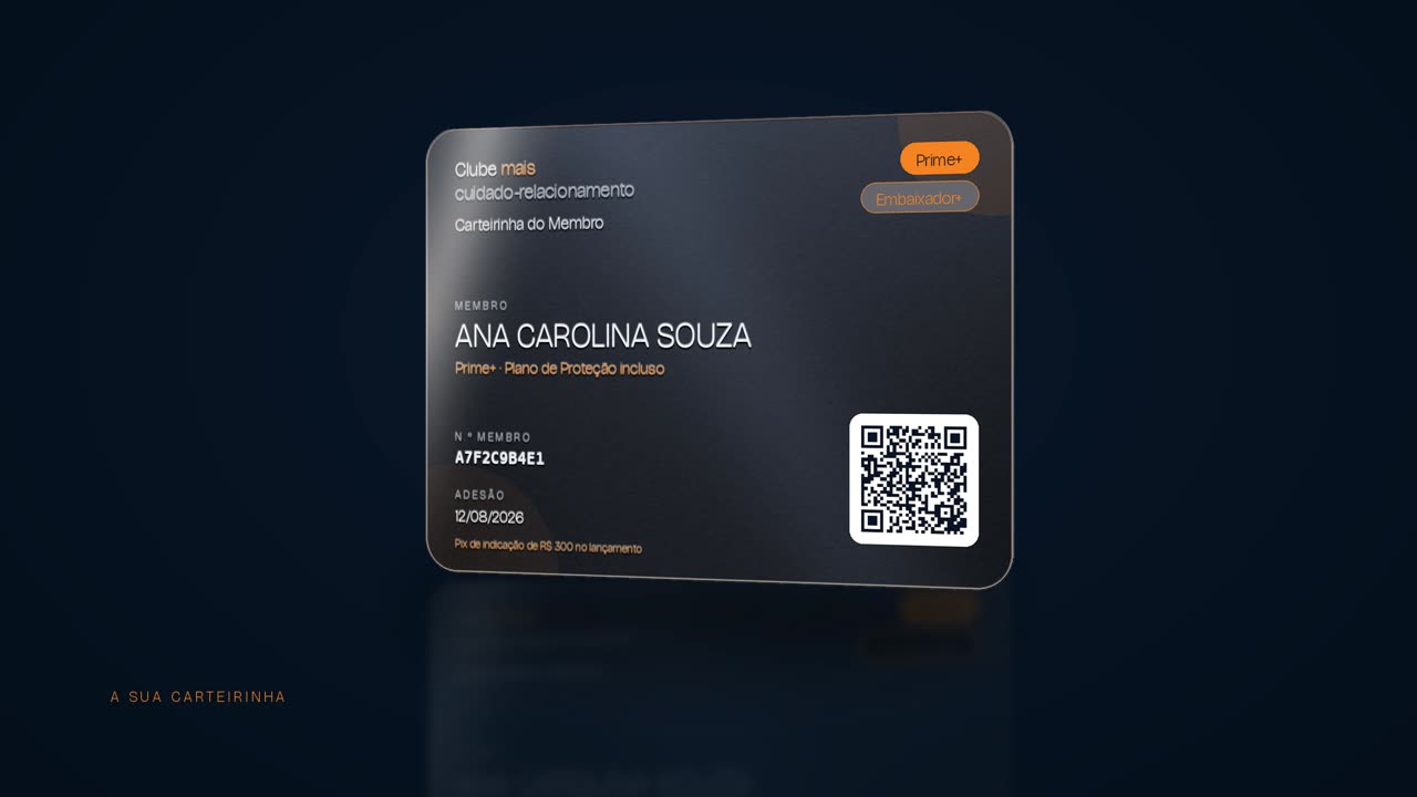 Carteirinha digital Prime+ do Clube mais girando em 3D, mostrando o Plano de Proteção no verso